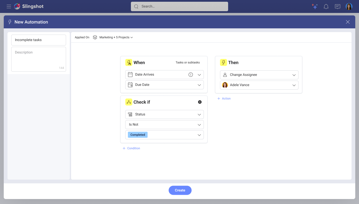 Screenshot of the Slingshot workflow automations builder interface