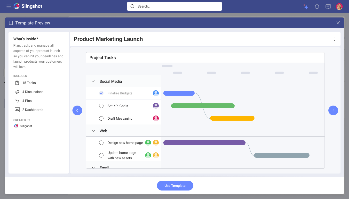 Screenshot of the Slingshot templates feature showing a project management interface